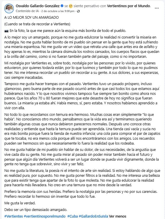 Osvaldo Gallardo cuestiona la nostalgia que oculta la miseria de Vertientes